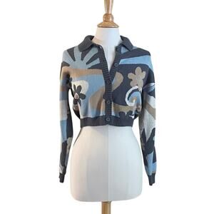 Hollister Cotton Blend Blue Cropped Cardigan, Mushrooms, Flowers, Size S